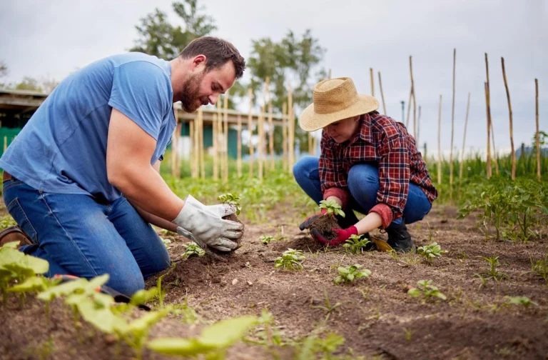 L'image montre un homme et une femme accroupis qui sont en train de planter
